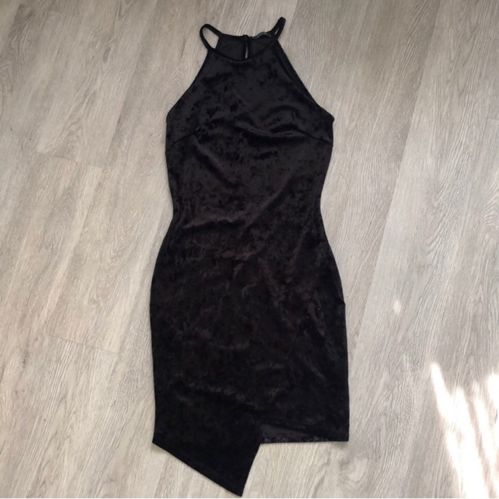 Black crushed velvet asymmetrical dress